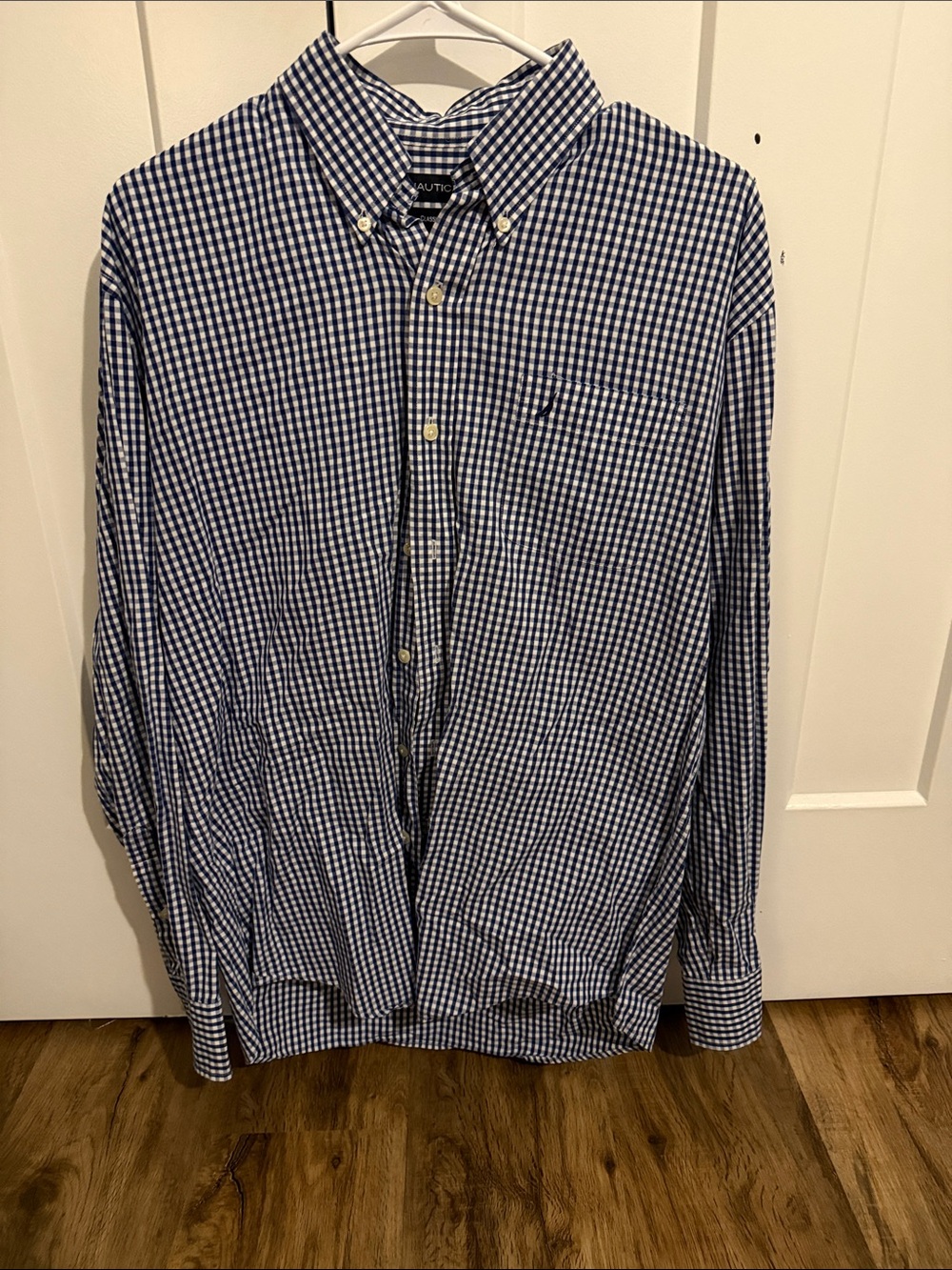 Nautica Men’s Navy and White Gingham Button-Down Shirt